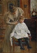 Robert Lundberg Mother cutting the hair USA oil painting artist